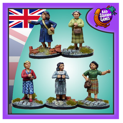 Bad squiddo gaming miniatures, this image has a purple boarder, the united kingdom flag in the top left and the bad squiddo logo in the top right.  Featuring ladies wearing different clothing, three with handbags, one with binoculars and one taking notes.