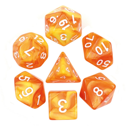 elemental lemon yellow orange RPG Dice. Elemental two-tone dice in a bright yellow and orange with white numbers