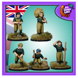 Bad squiddo gaming miniatures, this image has a purple boarder, the united kingdom flag in the top left and the bad squiddo logo in the top right. 5 females,  features ladies working the land including carrying hay and shovelling. 