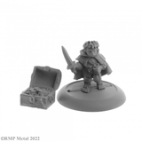 Stitch Thimbletoe from the Dark Heaven Legends metal range by Reaper Miniatures sculpted by Bobby Jackson.  A halfling thief rogue holding a sword and money bag with a treasure chest for your table top. 