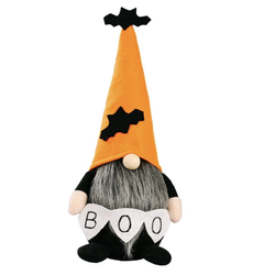 Halloween Gonk. orange tall hat decorated with a black bat, grey beard and holding a white banner that says Boo.