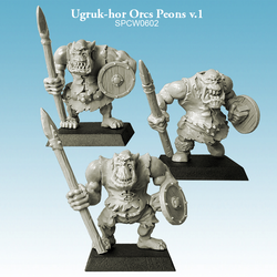 Version one of the Ugruk-hor Orcs Peons by Spellcrow,  3 resin miniatures. Three fearsome looking Orcs with spear in one hand and a shield in the other.