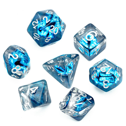 These poly dice have a blue grey shimmering base bed colouring, silver numbers and a beautiful blue demon eye inside each one