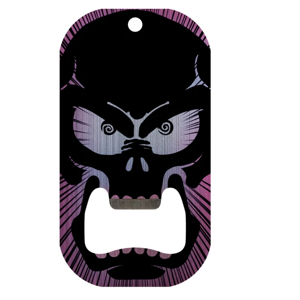 compact bar blade bottle opener. This bottle opener features a black and purple roaring skull