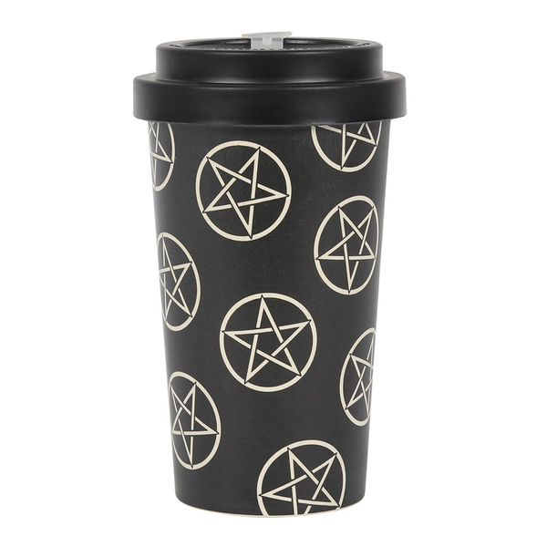 travel mug with pentagram symbols all over