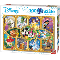 Disney Magical Moments 1000 Piece Jigsaw Puzzle. A beautiful image of Disney characters in a collage style with gold frame making this jigsaw a great gift for a Disney fan.