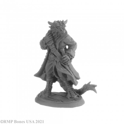 Reaper miniatures gaming figure Captain Blackscale, Dragonfolk Dressed in a long coat holding his sheathed sword with on hand and the sword belt across his chest with his other. 