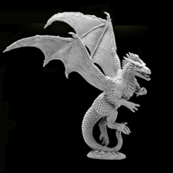 Reaper miniatures Bones 5 gaming figure. The dragon has its wings up and out, its tail on the ground in a tall position as if just taking flight