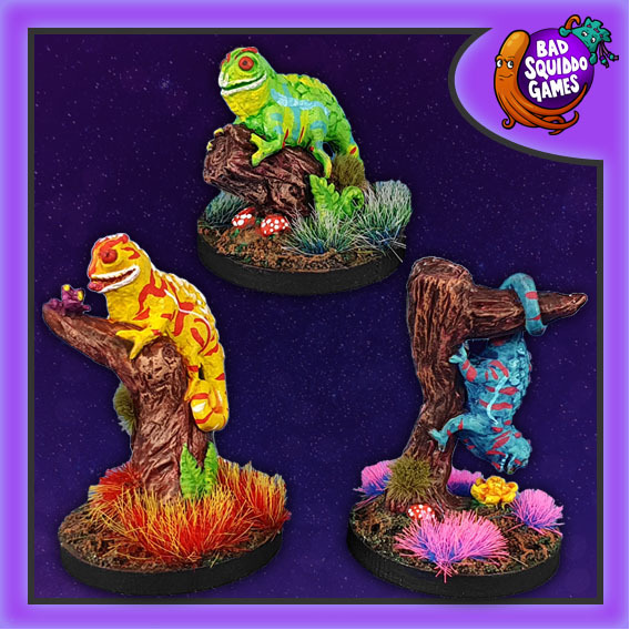 A pack of three resin Giant Chameleons by Bad Squiddo Games 