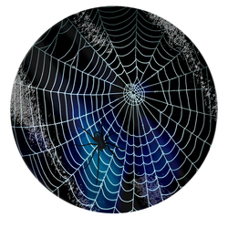 A toughened glass chopping board with a midnight background and spiderweb and spider design. 