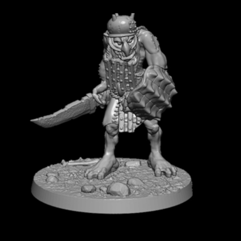 Reaper miniatures Bones 5 gaming figure. A moor troll with long hair just visible poking out from under his cauldron helmet, he holds a sword in one hand and a shield made from a shell in the other