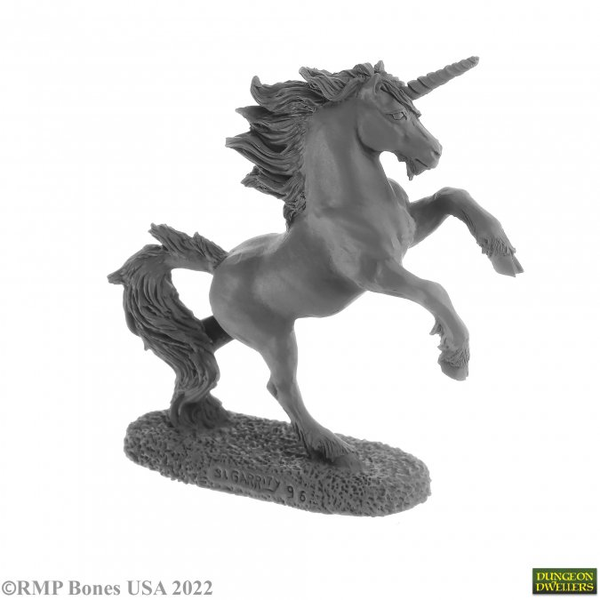A Unicorn from the Bones USA Dungeons Dwellers range by Reaper Miniatures. This pack contains a plastic unicorn with front hooves raised off the floor in a majestic pose