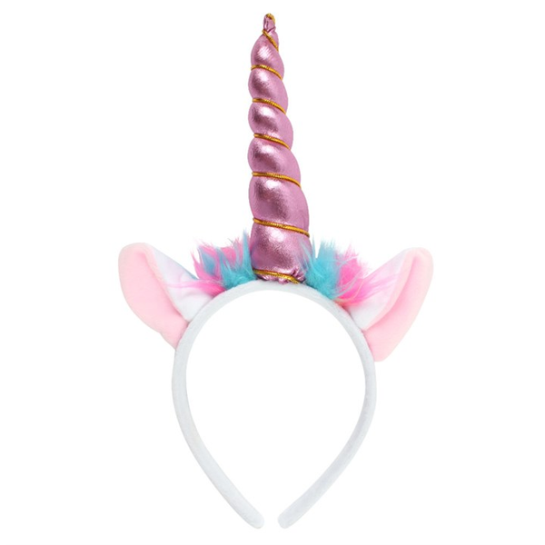unicorn headband. White ears with pink inserts, colourful tuft 'hair' decoration and pink horn. 