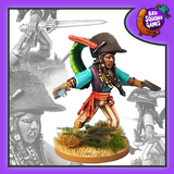 Eva the Pirate Queen holds a hilted sword in one hand and an axe in the other, with a large hat with an even larger feather