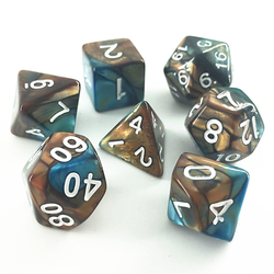 Elemental Copper blue RPG D20 dice set. Elemental two-tone dice in a beautiful blue and copper colour with easy to read white numbers