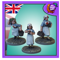 Bad squiddo gaming miniatures, this image has a purple boarder, the united kingdom flag in the top left and the bad squiddo logo in the top right. Red Cross Nurses. Three ladies, in curses uniforms one pouring medicine, one with a medical bag and one with a bucket