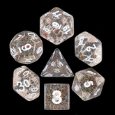 white numbered dice with red, bl...