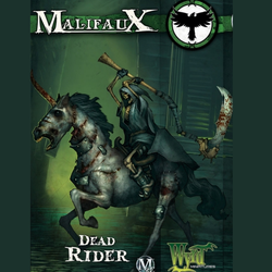 Malifaux undead skeleton holding a scythe above its head and riding an undead, stitched together unicorn