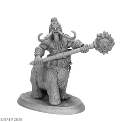 Reaper Miniatures bones 5 gaming figure. mammoth centaur with the body and tusks of a mammoth and the upper body and head of a human male, with long hair and a beard, holding a huge mace style weapon with both hands