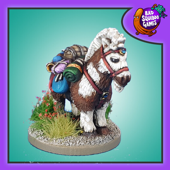 Norbert the Pack Pony - FAF022 -byBad Squiddo Games. A Brown and white painted gaming miniature pony laden with stuff