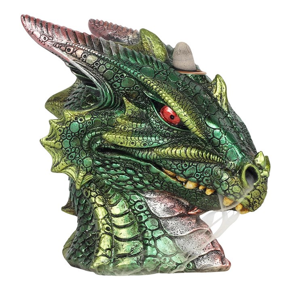 incense burner. green dragon head with silver accents and red eyes. 
