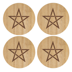 Kitchen Witch pentagram set of 4 coasters. These round wooden coasters are engraved with a pentagram design