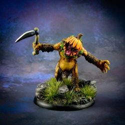 This miniature represents a bugbear holding a sickle in one hand and has the head of a pumpkin. Reaper Miniatures gaming figure Pumpkin headed bugbear