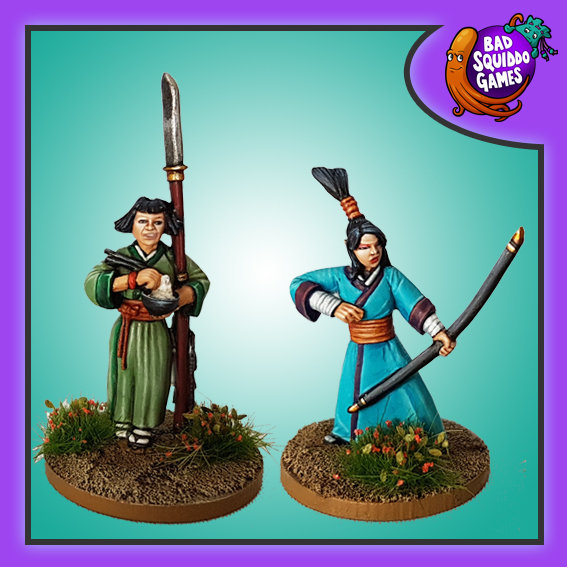 Bad Squiddo Metal Gaming Miniatures,  Feudal Japan ladies with weapons and one eating from a bowl with her arm wrapped around her weapon