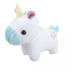 A super cute cuddle club white chibi unicorn with a peach star detail, yellow horn, pale green mane, tail and muzzle, large head and stumpy legs in the typical chibi style.