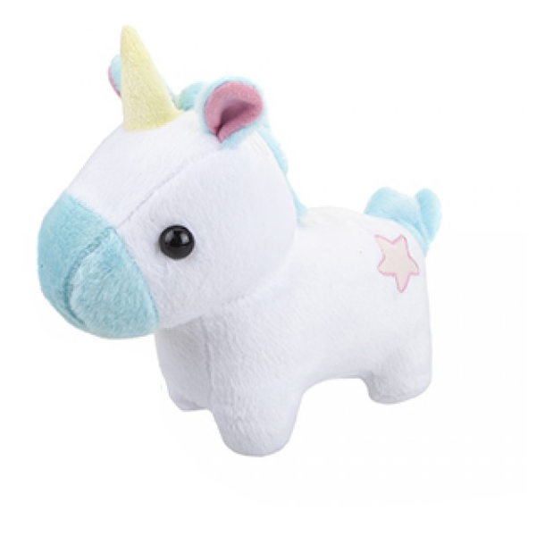 A super cute cuddle club white chibi unicorn with a peach star detail, yellow horn, pale green mane, tail and muzzle, large head and stumpy legs in the typical chibi style.