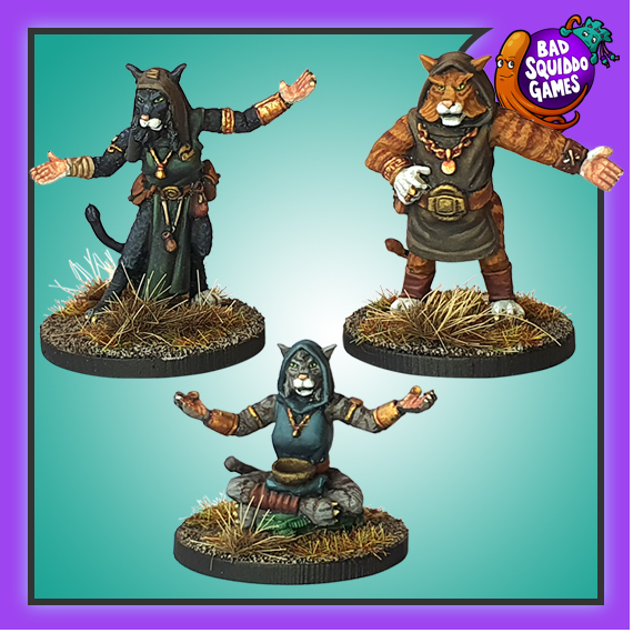 Merchant kitties by Bad Squiddo Games is a pack of three metal miniatures depicting cat stall holders