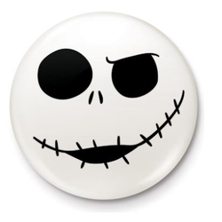 Jack Skull Badge | The Nightmare Before Christmas Jack Skeleton Button Badge. white badge with black skeleton face design 