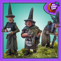 Wizened Witches from Bad Squiddo Games is a pack of three metal gaming figures depicting witches. One is drinking a cup of tea from a teacup with a saucer, one is holding her rather fat pet cat and the other has a bad back and is using a stick to keep her from toppling over while giving her pet rat a ride on her shoulder