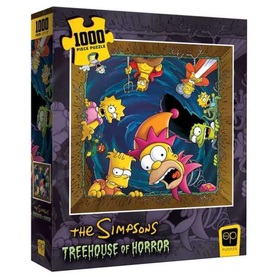 Simpsons Treehouse of Horror Happy Haunting 1000 Piece Jigsaw Puzzle features your favourite Simpsons characters in their Tree House of Horror roles with Homer as a Jack in the Box, Flanders as the Devil, Mr Burns as a vampire and more from the perspective of the viewer being six feet under looking up. box art