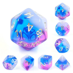  Aurora Fae Flash poly dice, with silver numbers and blue, purple and white colour
