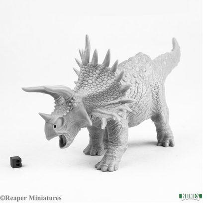 Thunderfoot Behemoth is a Dinosaur from the Reaper Miniatures Bones range for your gaming table and RPG needs. A Triceratops plastic model that requires assembly.