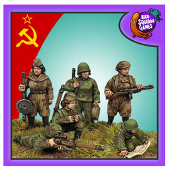 Female Soviet Scouts from bad squiddo games. This image has the soviet flag in one corner and the bad squido logo in the other. sniper, spotter, map reader, light machine gun, light machine gun loader and submachine gun.