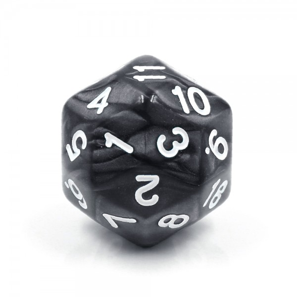 countdown D30 dice in a glossy pearl black with swirls of black and grey colour and white numbers 