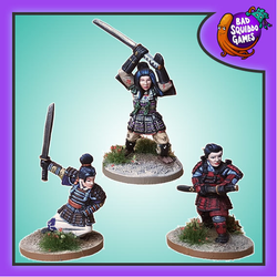 Onna-bugeisha female warriors armed with Katanas, gaming figures from Bad Squiddo Games