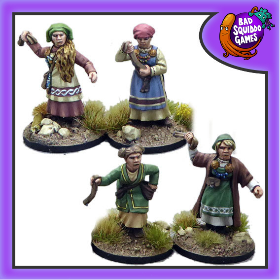 Shieldmaiden Slingers from Bad Squiddo Games contains 4 female metal miniatures