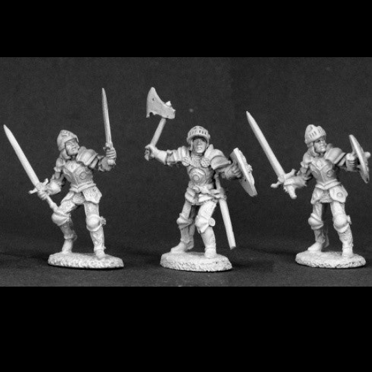 A pack of three metal Reaper Miniatures 03319 Dark Heaven Legends Classics Fighters sculpted by Sandra Garrity.