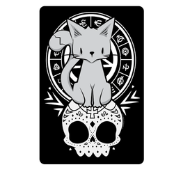 A black tin sign with adorable grey kitten sitting atop a white sugar skull with symbols behind