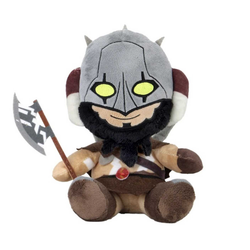 Magic the Gathering plush of Garruk Wildspeaker , a human warrior druid with yellow eyes and holding an axe. 