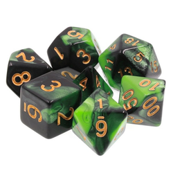 Elemental Lake bed green and black RPG Dice. Elemental two-tone dice in a luscious green and black with gold numbers