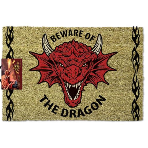 A natural coir (coconut fibre) doormat printed with a red dragon head and the words 'Beware of the dragon'. Ann Stokes doormat 