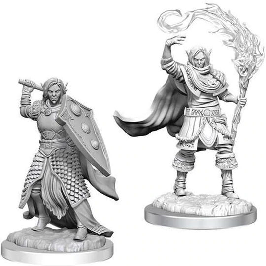 Elf Cleric unpainted miniatures by Wizkids as part of their Nolzur's Marvelous Miniatures range for Dungeons and Dragons, a pack of two miniatures representing male elf clerics, one with spell effect, for your tabletop gaming. 