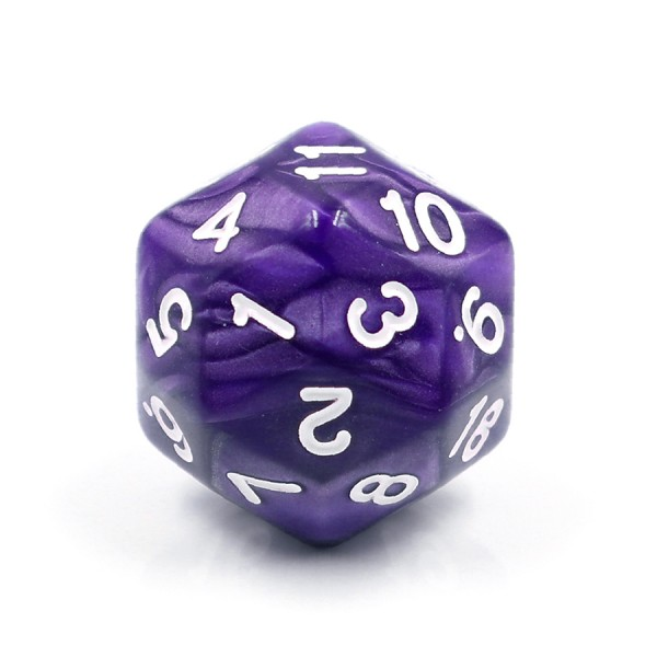 D30 dice in a glossy pearl purple with swirls of purple colour and white numbers 