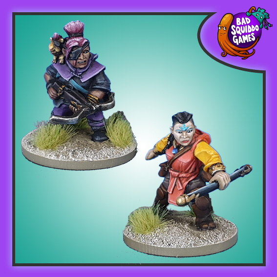 metal Minatures by Bad Squiddo Games of a dwarf ranger holding a crossbow and a dwarf monk in a fighting pose