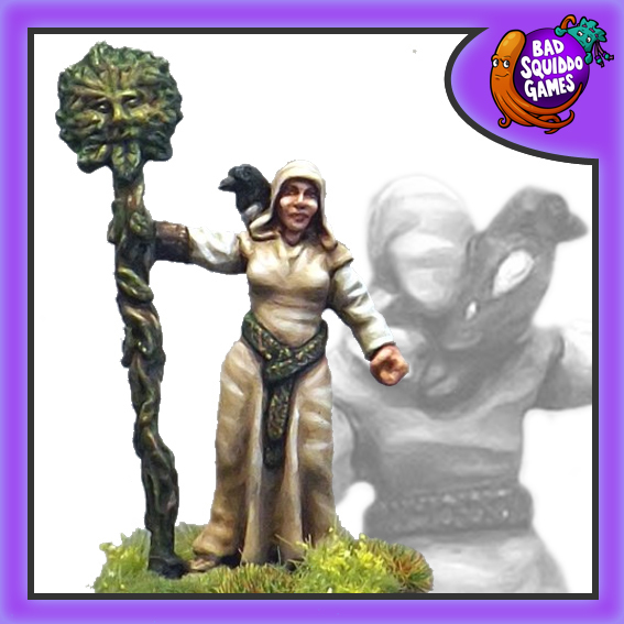 Morgana the Forest Healer is a metal miniature by Bad Squiddo Games showing a female healer holding her vine covered staff and a friendly raven on her shoulder. 