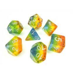 astel rainbow set of poly dice for your RPG, with orange, yellow and blue aurora and silver numbers